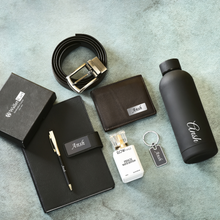 Load image into Gallery viewer, Personalized Genuine Leather Name Men's Wallet Metal Keychain Belt Pen Diary Perfume and H2GO Bottle | Customized (7 in 1) Gift Combo for Boyfriend Friend Husband Father & Son (STYLE ID #21)