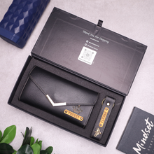 Load image into Gallery viewer, Customized Clutch & Keychain Combo | Custom Gift Box for Girlfriend | Engraved Leather Wallet for Her | Personalized Wallet Gift Set