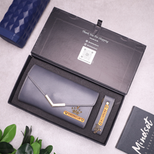 Load image into Gallery viewer, Customized Clutch & Keychain Combo | Custom Gift Box for Girlfriend | Engraved Leather Wallet for Her | Personalized Wallet Gift Set