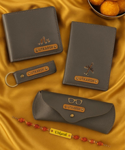 Load image into Gallery viewer, Stylish Rakhi Combo for Men – Name-Engraved Leather Set with Modern Charm