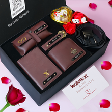 Load image into Gallery viewer, Personalised Valentine Gift Set For Boyfriend Husband – Men's Wallet, Passport Cover, Belt, Eyewear Case, Keychain, Teddy & Chocolates