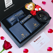 Load image into Gallery viewer, Personalised Valentine Gift Set For Boyfriend Husband – Men's Wallet, Passport Cover, Belt, Eyewear Case, Keychain, Teddy & Chocolates