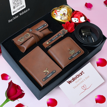 Load image into Gallery viewer, Personalised Valentine Gift Set For Boyfriend Husband – Men's Wallet, Passport Cover, Belt, Eyewear Case, Keychain, Teddy & Chocolates