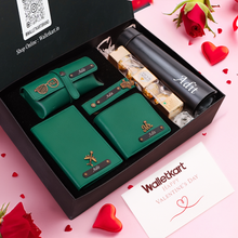 Load image into Gallery viewer, Valentine’s Day Personalised 6-in-1 Premium Gift Combo For Boyfriend Husband with Men's Wallet, Eyewear Case, Keychain, Passport Cover, Bottle & Chocolates