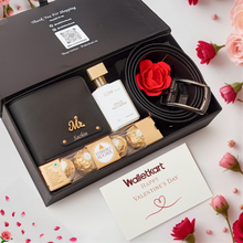 Load image into Gallery viewer, Valentine Gentleman’s Edition For Boyfriend Husband – Personalised Leather Men's Wallet, Belt, Perfume & Chocolates