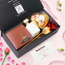 Load image into Gallery viewer, Valentine Moments Gift Set For Boyfriend Husband – Men's Wallet, Perfume, Rose & Chocolates