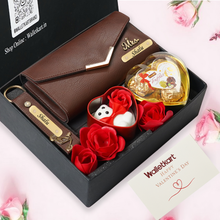 Load image into Gallery viewer, Personalised Valentine Romantic Gift for Girlfriend Wife – Women's Clutch, Keychain, Teddy & Chocolates