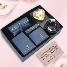 Load image into Gallery viewer, Personalised Gift Set For Boyfriend Husband – Men's Wallet, Passport Cover, Belt, Eyewear Case, Keychain & Chocolates