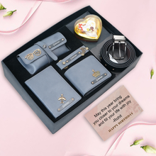 Load image into Gallery viewer, Personalised Gift Set For Boyfriend Husband – Men's Wallet, Passport Cover, Belt, Eyewear Case, Keychain & Chocolates