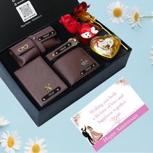 Load image into Gallery viewer, Personalised Anniversary Love Box for Him – Romantic Gift Set with Wallet, Passport Cover, Eyewear Case, Keychain with Name & Charm, Chocolates, Teddy & Rose combo