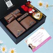 Load image into Gallery viewer, Personalised Anniversary Love Box for Him – Romantic Gift Set with Wallet, Passport Cover, Eyewear Case, Keychain with Name & Charm, Chocolates, Teddy & Rose combo