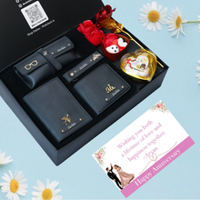 Load image into Gallery viewer, Personalised Anniversary Love Box for Him – Romantic Gift Set with Wallet, Passport Cover, Eyewear Case, Keychain with Name & Charm, Chocolates, Teddy & Rose combo