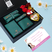 Load image into Gallery viewer, Personalised Anniversary Love Box for Him – Romantic Gift Set with Wallet, Passport Cover, Eyewear Case, Keychain with Name & Charm, Chocolates, Teddy & Rose combo