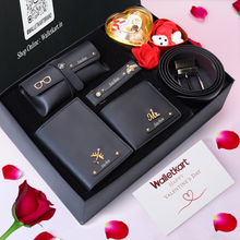 Load image into Gallery viewer, Personalised Valentine Gift Set For Boyfriend Husband – Men's Wallet, Passport Cover, Belt, Eyewear Case, Keychain, Teddy & Chocolates
