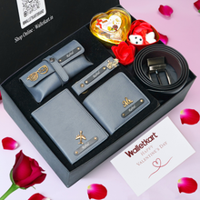 Load image into Gallery viewer, Personalised Valentine Gift Set For Boyfriend Husband – Men's Wallet, Passport Cover, Belt, Eyewear Case, Keychain, Teddy & Chocolates