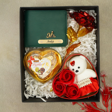 Load image into Gallery viewer, Valentine’s Day Personalised Set – Wallet with Name & Charm Chocolate, Teddy & Rose