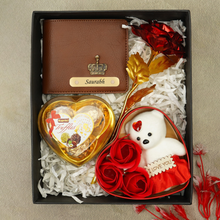 Load image into Gallery viewer, Valentine’s Day Personalised Set – Wallet with Name & Charm Chocolate, Teddy & Rose