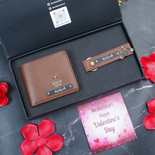 Load image into Gallery viewer, Valentine Gift Set For Boyfrined Husband – Personalized Leather Men's Wallet & Keychain with Engraved Name