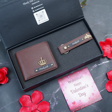 Load image into Gallery viewer, Valentine Gift Set For Boyfrined Husband – Personalized Leather Men's Wallet & Keychain with Engraved Name