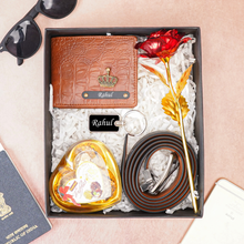 Load image into Gallery viewer, Romantic Valentine’s Day Gift Set for Boyfriend/Husband – Crocodile Leather Wallet, Belt, Keychain, Rose & Chocolate