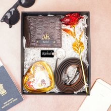 Load image into Gallery viewer, Romantic Valentine’s Day Gift Set for Boyfriend/Husband – Crocodile Leather Wallet, Belt, Keychain, Rose & Chocolate