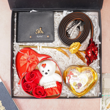 Load image into Gallery viewer, Personalized Leather Name Men's Wallet and Belt , Rose , Chocolate & Teddy Bear With Name and Charm | Best Customized (5 in 1 Gift Combo) for Boyfriend Husband Father & Son on Birthday and Anniversary
