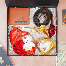 Load image into Gallery viewer, Personalized Leather Name Men's Wallet and Belt , Rose , Chocolate & Teddy Bear With Name and Charm | Best Customized (5 in 1 Gift Combo) for Boyfriend Husband Father & Son on Birthday and Anniversary