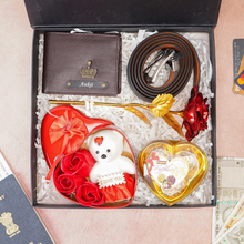 Load image into Gallery viewer, Personalized Leather Name Men's Wallet and Belt , Rose , Chocolate & Teddy Bear With Name and Charm | Best Customized (5 in 1 Gift Combo) for Boyfriend Husband Father & Son on Birthday and Anniversary