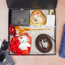 Load image into Gallery viewer, Personalized Leather Name Men's Wallet and Belt , Rose , Chocolate ,Parfume & Teddy Bear With Name and Charm| Best Customized (6 in 1 Gift Combo) for Boyfriend Husband Father & Son on Birthday and Anniversary