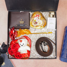 Load image into Gallery viewer, Personalized Leather Name Men's Wallet and Belt , Rose , Chocolate ,Parfume & Teddy Bear With Name and Charm| Best Customized (6 in 1 Gift Combo) for Boyfriend Husband Father & Son on Birthday and Anniversary
