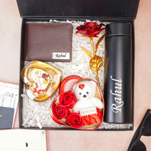 Load image into Gallery viewer, Personalized Genuine Leather Name Men's Wallet , Rose, Chocolate , Teddy Bear and Temp. Bottle | Customised (5 in 1) Gift Combo for Boyfriend Husband on Birthday & Anniversary (STYLE ID #21)