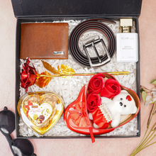 Load image into Gallery viewer, Handmade Leather Men's Name Wallet, Name Parfume, Teddy Bear, Chocolate, Rose and Belt | Best Customized Gift Combo for Boyfriend Husband Father & Son (Style id #23)