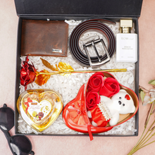 Load image into Gallery viewer, Handmade Leather Men's Name Wallet, Name Parfume, Teddy Bear, Chocolate, Rose and Belt | Best Customized Gift Combo for Boyfriend Husband Father & Son (Style id #23)