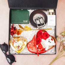 Load image into Gallery viewer, Handmade Leather Men's Name Wallet, Name Parfume, Teddy Bear, Chocolate, Rose and Belt | Best Customized Gift Combo for Boyfriend Husband Father & Son (Style id #23)