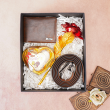 Load image into Gallery viewer, Handmade Leather Men's Name Wallet, Chocolate, Rose and Belt | Best Customized Gift Combo for Boyfriend Husband Father & Son (Style id #23)