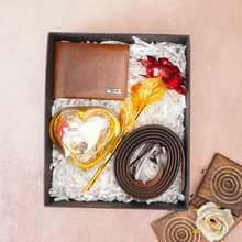 Load image into Gallery viewer, Handmade Leather Men's Name Wallet, Chocolate, Rose and Belt | Best Customized Gift Combo for Boyfriend Husband Father & Son (Style id #23)