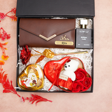 Load image into Gallery viewer, Romantic 5-in-1 Gift Box for Girlfriend / Wife – Give Personalized Clutch, Perfume, Teddy Bear, Rose & Chocolates on Birthday & Anniversary