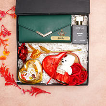 Load image into Gallery viewer, Romantic 5-in-1 Gift Box for Girlfriend / Wife – Give Personalized Clutch, Perfume, Teddy Bear, Rose & Chocolates on Birthday & Anniversary