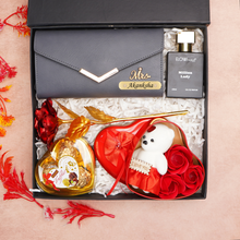 Load image into Gallery viewer, Romantic 5-in-1 Gift Box for Girlfriend / Wife – Give Personalized Clutch, Perfume, Teddy Bear, Rose & Chocolates on Birthday & Anniversary