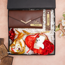 Load image into Gallery viewer, Romantic 5-in-1 Gift Box for Girlfriend – Personalized Clutch, Keychain, Teddy Bear, Rose & Chocolates