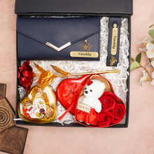 Load image into Gallery viewer, Romantic 5-in-1 Gift Box for Girlfriend – Personalized Clutch, Keychain, Teddy Bear, Rose & Chocolates