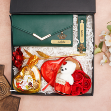 Load image into Gallery viewer, Romantic 5-in-1 Gift Box for Girlfriend – Personalized Clutch, Keychain, Teddy Bear, Rose & Chocolates