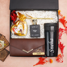 Load image into Gallery viewer, Romantic 5-in-1 Gift Box for Girlfriend | Wife – Personalised Name Clutch, Perfume, Travel Mug & Chocolates & Rose for birthday & anniversary