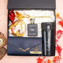 Load image into Gallery viewer, Romantic 5-in-1 Gift Box for Girlfriend | Wife – Personalised Name Clutch, Perfume, Travel Mug & Chocolates & Rose for birthday & anniversary