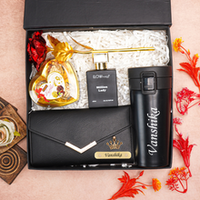 Load image into Gallery viewer, Romantic 5-in-1 Gift Box for Girlfriend | Wife – Personalised Name Clutch, Perfume, Travel Mug & Chocolates & Rose for birthday & anniversary
