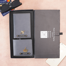 Load image into Gallery viewer, Personalized Leather Men's Wallet,Passport Cover Engraved Black Name Plate With Name and Charm | Customised 2 In 1 Gift Combo For Boyfriend Husband & Father On Birthday and Anniversary