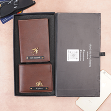 Load image into Gallery viewer, Personalized Leather Men's Wallet,Passport Cover Engraved Black Name Plate With Name and Charm | Customised 2 In 1 Gift Combo For Boyfriend Husband & Father On Birthday and Anniversary
