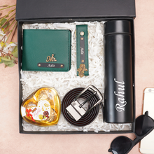 Load image into Gallery viewer, Personalized Leather Men's Wallet,Chocolate,Belt,Keychain,Temperature Bottle Engraved Black Name Plate With Name and Charm | Customised 5 In 1 Gift Combo For Boyfriend Husband & Father On Birthday and Anniversary
