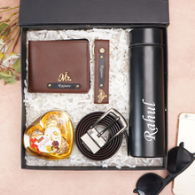 Load image into Gallery viewer, Personalized Leather Men's Wallet,Chocolate,Belt,Keychain,Temperature Bottle Engraved Black Name Plate With Name and Charm | Customised 5 In 1 Gift Combo For Boyfriend Husband & Father On Birthday and Anniversary