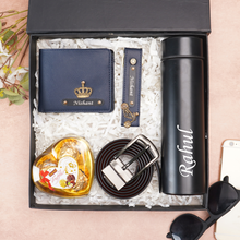 Load image into Gallery viewer, Personalized Leather Men's Wallet,Chocolate,Belt,Keychain,Temperature Bottle Engraved Black Name Plate With Name and Charm | Customised 5 In 1 Gift Combo For Boyfriend Husband & Father On Birthday and Anniversary